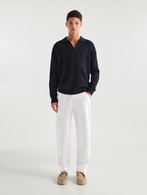 Massimo Dutti Ribbed Knit With Polo Collar Men Sweater Navy | US-AE6351087