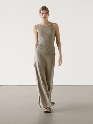 Massimo Dutti Ribbed Knit Women Top Khaki | US-FH0238764
