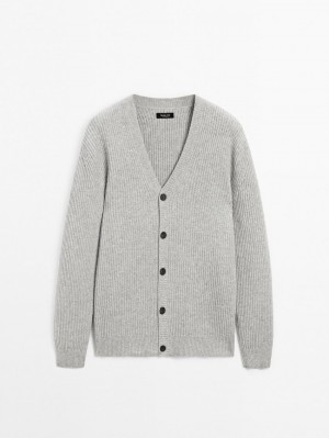 Massimo Dutti Ribbed Knit Wool Blend Men Cardigan Grey | US-JQ6523819