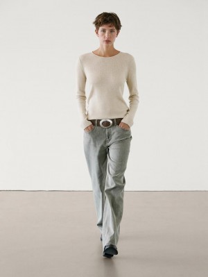 Massimo Dutti Ribbed Knit Wool Women Sweater Beige | US-QM9602371