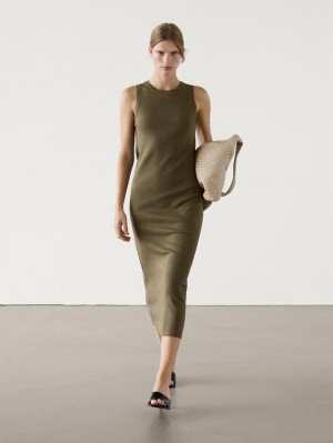 Massimo Dutti Ribbed Melange Midi Women Dress Olive | US-LB5784960