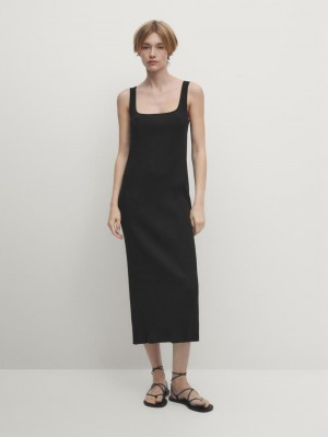 Massimo Dutti Ribbed Midi With Square Necklin Women Dress Navy | US-CH6142350