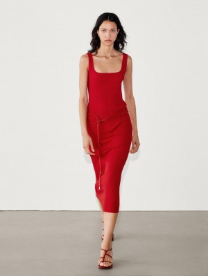 Massimo Dutti Ribbed Midi With Square Necklin Women Dress Red | US-NO0487931