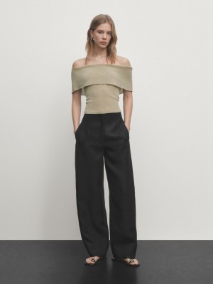 Massimo Dutti Ribbed Off-the-shoulder Women Top Khaki | US-EK7894630