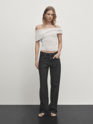 Massimo Dutti Ribbed Off-the-shoulder Women Top Cream | US-FS6980247