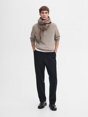 Massimo Dutti Ribbed Polo Neck Knitted Jumper Men Sweater Brown Beige | US-JC3708426