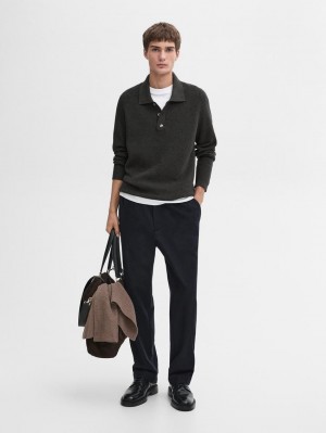 Massimo Dutti Ribbed Polo Neck Knitted Jumper Men Sweater Dark Grey | US-NB1204786