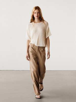 Massimo Dutti Ribbed Short Sleeve Textured Women T-Shirt Cream | US-SL5781692