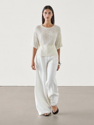 Massimo Dutti Ribbed Short Sleeve Textured Women T-Shirt Beige | US-YP5470319