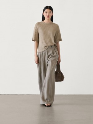 Massimo Dutti Ribbed Textured Short Sleeve Women T-Shirt Khaki | US-KA2546098