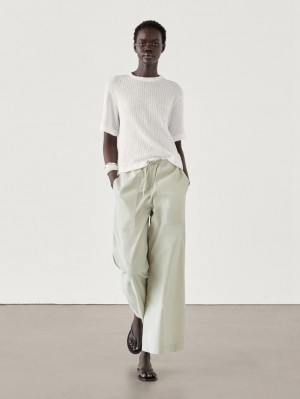 Massimo Dutti Ribbed Textured Short Sleeve Women T-Shirt White | US-HU9208563