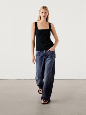 Massimo Dutti Ribbed With Straight Neckline Women Top Navy | US-NR6154703