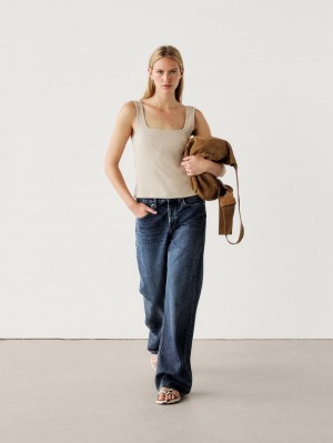 Massimo Dutti Ribbed With Straight Neckline Women Top Cream | US-KL9285071