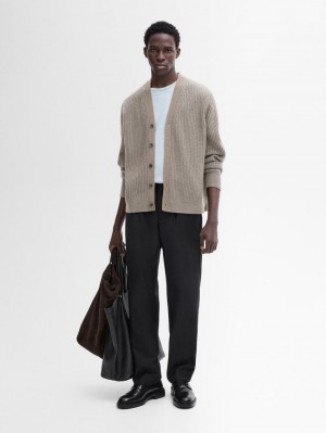 Massimo Dutti Ribbed Wool Blend Knit Men Cardigan Brown Beige | US-JF4710985