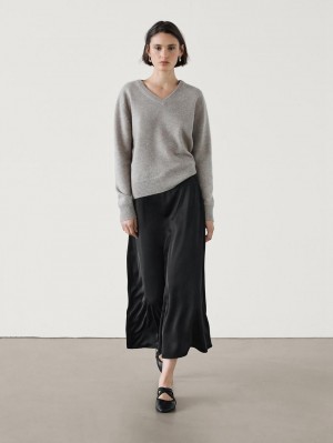Massimo Dutti Satin A-line Midi Women Skirts Black | US-HD0468751