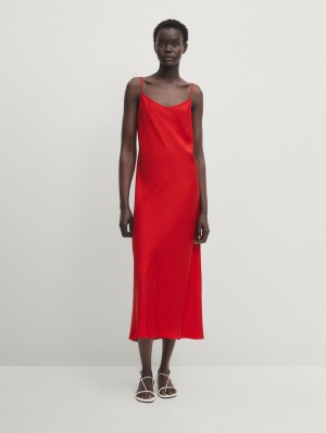 Massimo Dutti Satin Camisole Midi Women Dress Red | US-CA0678435