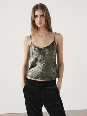 Massimo Dutti Satin Finish Strappy Women Top Dark Green | US-SF3647152