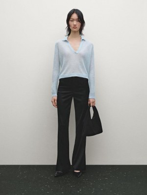 Massimo Dutti Satin Flared With Vents Women Trousers Black | US-ZP6389107