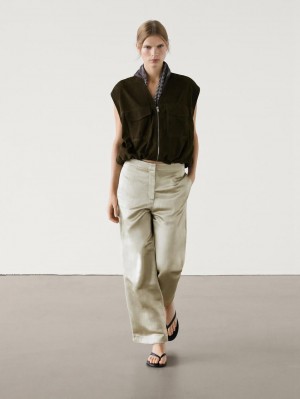 Massimo Dutti Satin Linen Blend Women Trousers Light Green | US-GN0327849