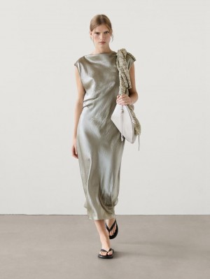 Massimo Dutti Satin Midi With Cowl Neckline Women Dress Metallic | US-ZK7398546