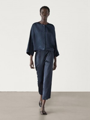 Massimo Dutti Satin Wide-leg Cropped Co-ord Women Trousers Navy | US-QA3190546