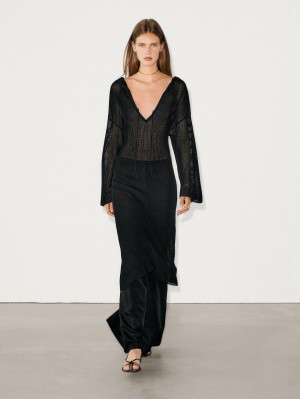 Massimo Dutti Semi-sheer Ribbed Knit Midi Women Dress Black | US-VW8917632