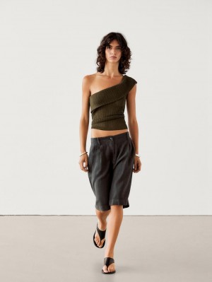 Massimo Dutti Semi-sheer Ribbed With An Asymmetric Neckline Women Top Olive | US-SG6782503