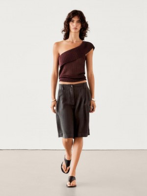 Massimo Dutti Semi-sheer Ribbed With An Asymmetric Neckline Women Top Dark Brown | US-TH6421095