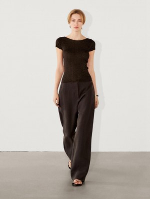 Massimo Dutti Semi-sheer Short Sleeve Women T-Shirt Dark Brown | US-RW0816259