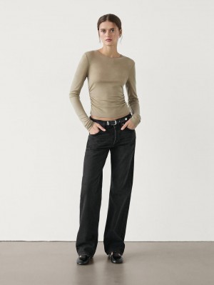 Massimo Dutti Semitransparent Ruffled Women T-Shirt Brown Beige | US-ZH1296540