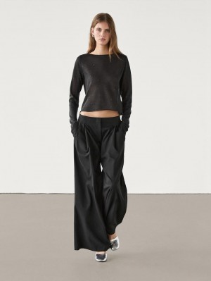 Massimo Dutti Shiny Knit With Micro-sequins Women T-Shirt Black | US-SG0189526