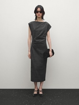 Massimo Dutti Short Check Wool Blend Women Dress Dark Grey | US-JH7514862