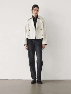 Massimo Dutti Short Cotton With Lapel Women Trench Coat Cream | US-DR2318970