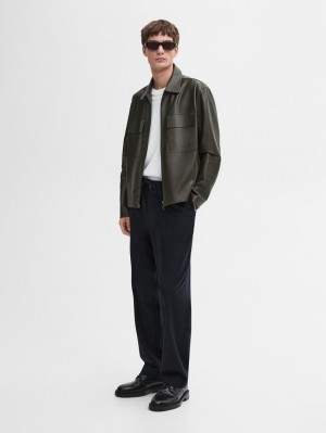 Massimo Dutti Short Nappa Men Leather Jacket Dark Khaki | US-YN7231904