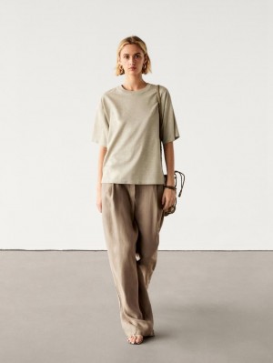 Massimo Dutti Short Sleeve Boyfriend Women T-Shirt Khaki | US-HM2596813