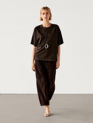 Massimo Dutti Short Sleeve Boyfriend Women T-Shirt Dark Brown | US-VQ4802597