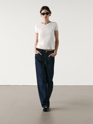 Massimo Dutti Short Sleeve Contrast With Bow Detail Women T-Shirt Cream | US-HF2341856