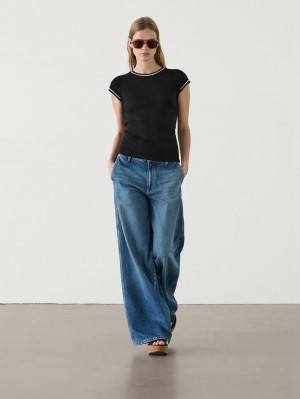 Massimo Dutti Short Sleeve Contrast Women T-Shirt Black | US-BE4861592