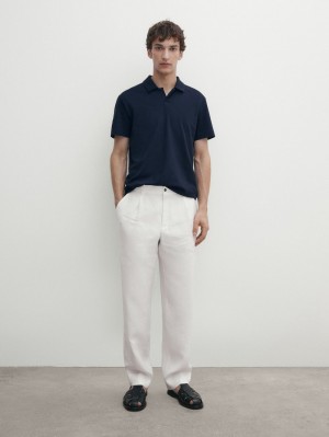Massimo Dutti Short Sleeve Cotton Blend Men Polo Shirt Indigo | US-FN0817543