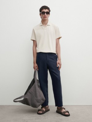 Massimo Dutti Short Sleeve Cotton Blend Men Polo Shirt Cream | US-KY6054812