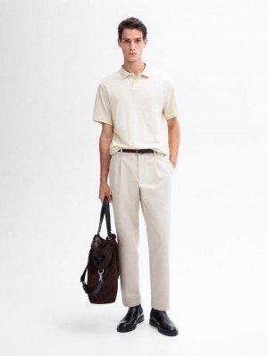 Massimo Dutti Short Sleeve Cotton Men Polo Shirt Cream | US-MV3250986
