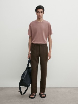 Massimo Dutti Short Sleeve Cotton Men T-Shirt Pink Beige | US-MN4635079