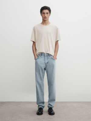 Massimo Dutti Short Sleeve Cotton Men T-Shirt Beige | US-SQ7190258