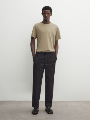 Massimo Dutti Short Sleeve Cotton Men T-Shirt Khaki | US-WC0654837