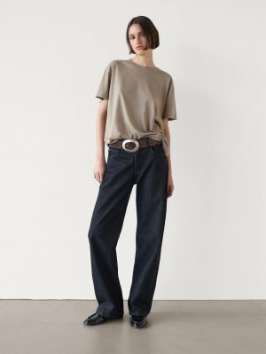 Massimo Dutti Short Sleeve Cotton Women T-Shirt Brown Beige | US-EA3587649