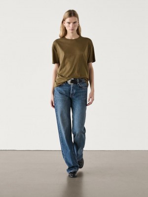 Massimo Dutti Short Sleeve Cotton Women T-Shirt Dark Khaki | US-OT9068435