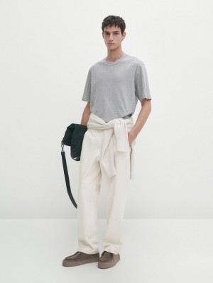 Massimo Dutti Short Sleeve Cotton - Studio Men T-Shirt Grey | US-ME9342605