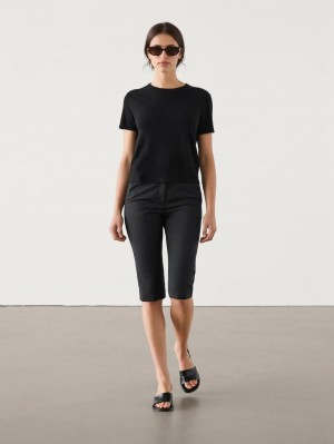 Massimo Dutti Short Sleeve Crew Neck Women Sweater Black | US-PX3076149