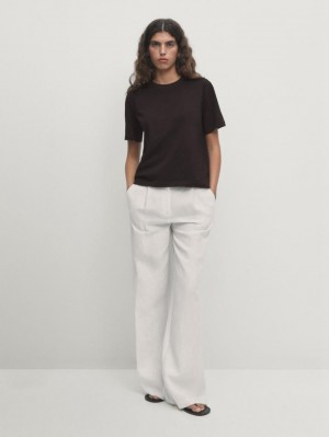 Massimo Dutti Short Sleeve Cropped Women T-Shirt Dark Brown | US-UK7621894