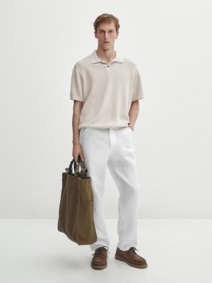 Massimo Dutti Short Sleeve Knit Men Polo Shirt Beige | US-VY4652907